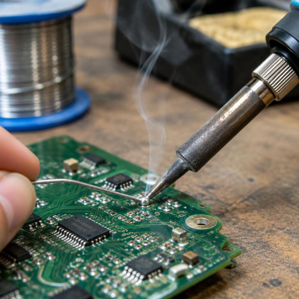 Technician soldering iron se circuit board repair karte hue