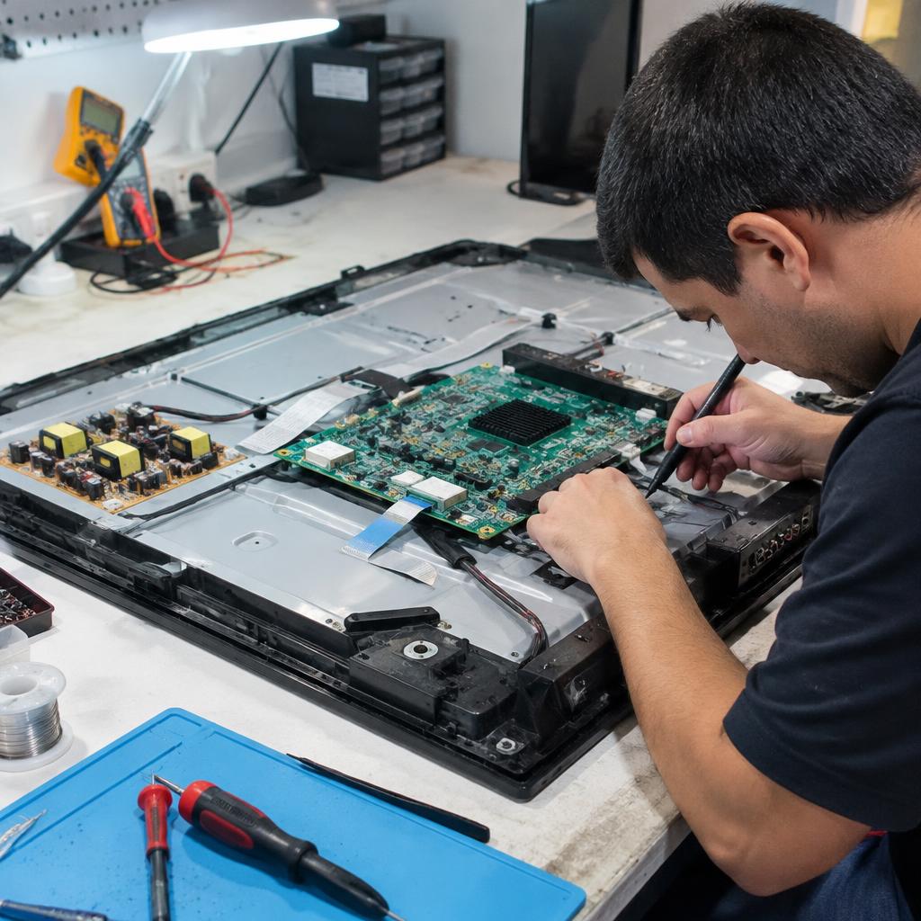 LED TV ka motherboard theek karte hue technician