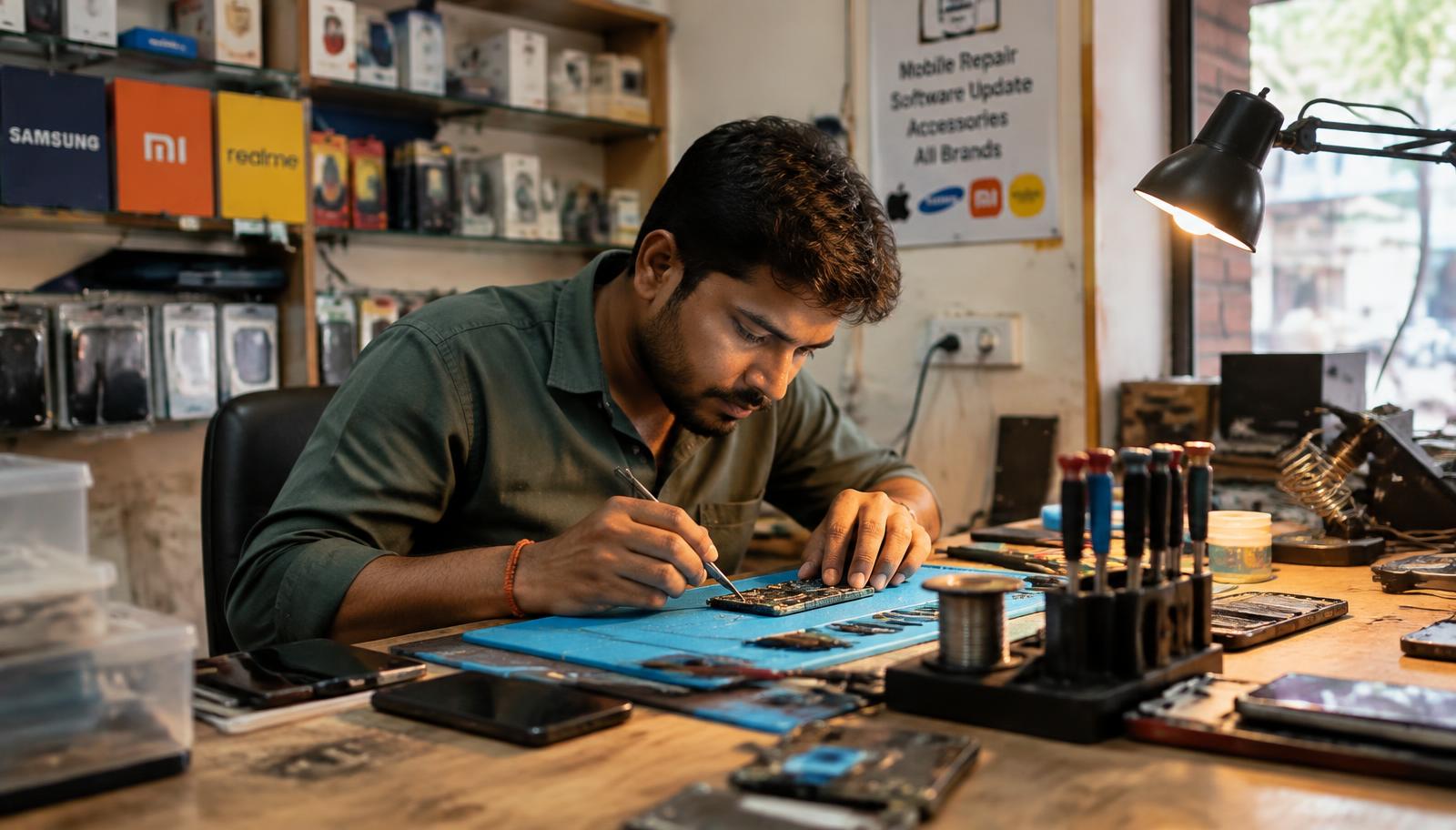 Technician dukaan mein mobile ka circuit board repair karte hue